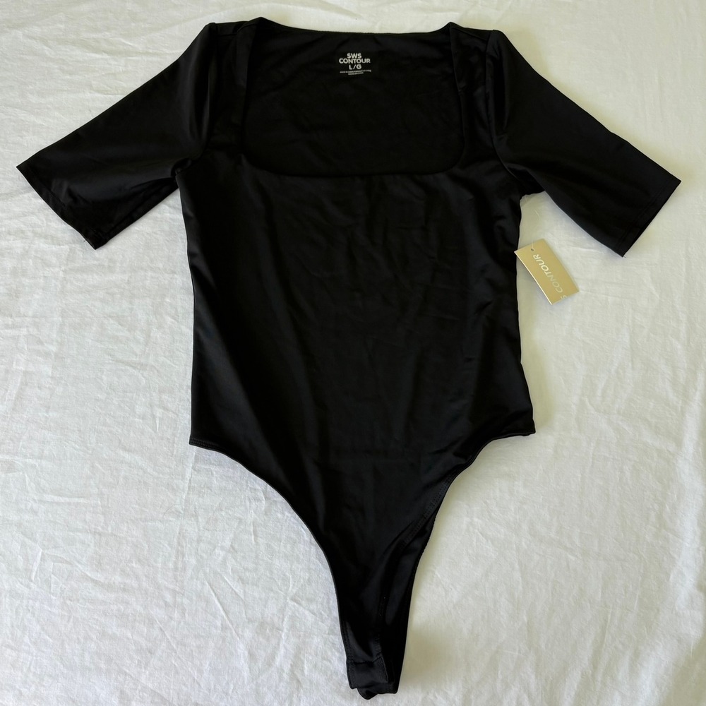 SWS Contour Black Square Neck Elbow Sleeve Thong Bodysuit L/G NWT 19226877